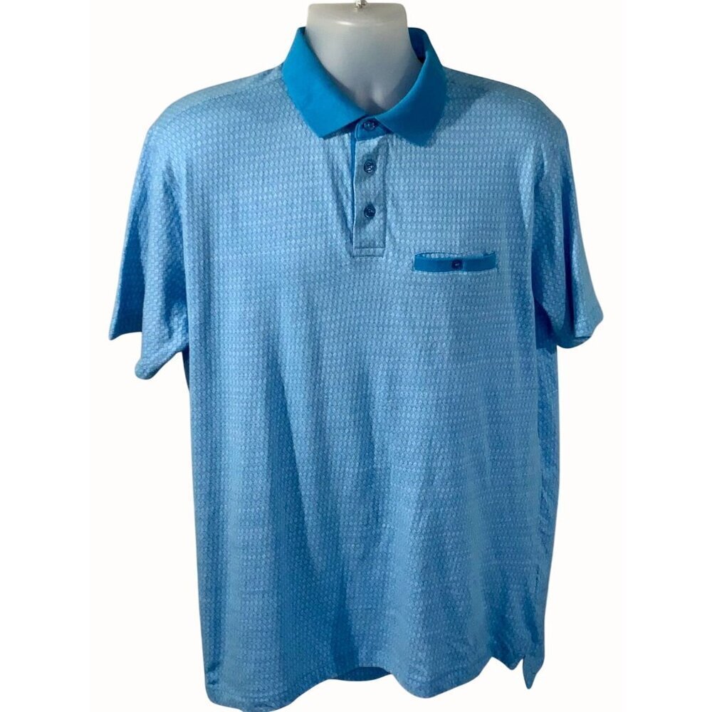 Tailorbyrd Mens Blue Geometric Print Polo Shirt Large Relaxed Fit Short Sleeve